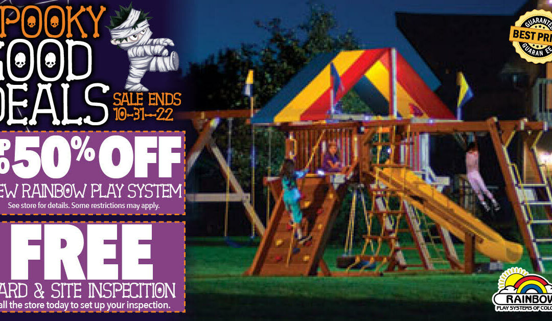 Shop Spooky Good Deals on in stock swing sets, trampolines and hoops!