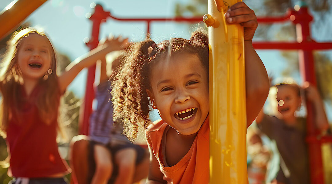 A group of children climbing a jungle gym, their laughter echoing through the air, with a sun-drenched playground in the background at daycare.