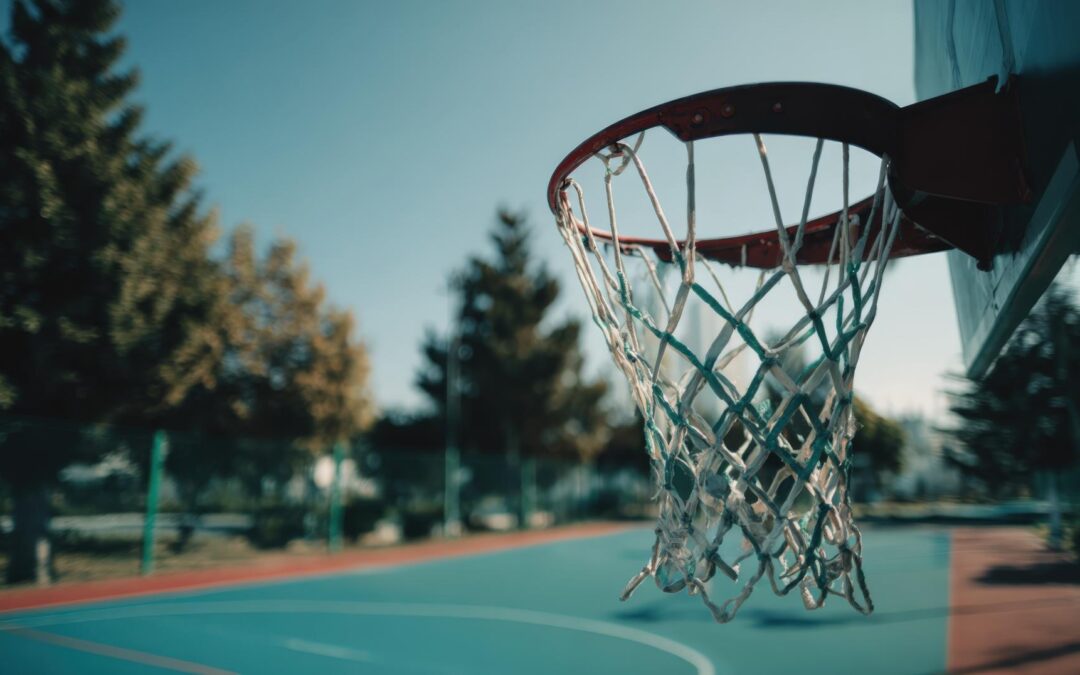 Basketball Hoop on Outdoor Court with Trees and Blue Sky in the Background
