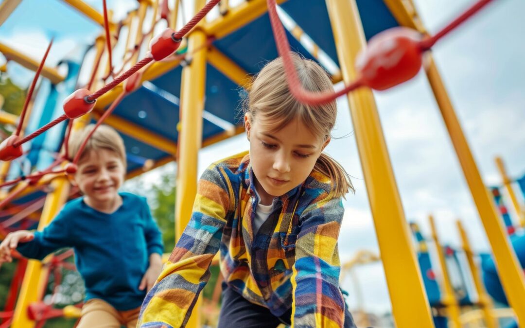 Children playing on a colorful playground with climbing ropes. Kids enjoying an outdoor play area. Concept of childhood adventure, outdoor activity, playground equipment
